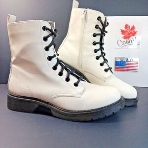 Size 7 Women's Time & TRU Lug Combat Boot, White, Lace + Zip Up Punk Goth